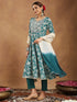 Janasya Women's Teal Green Pure Cotton Yoke Embroidered Floral Printed Anarkali Kurta Set
